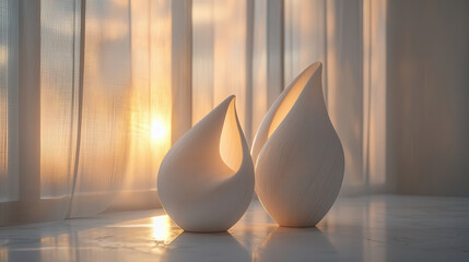 Elegant modern vases illuminated by sunset light, creating serene atmosphere. soft curves and warm glow enhance aesthetic appeal of home decor