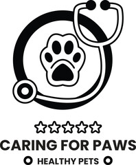 A paw is surrounded by a stethoscope and a star in the style of sign illustrations