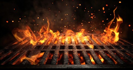 Fiery BBQ grill, glowing embers, dark background, food prep