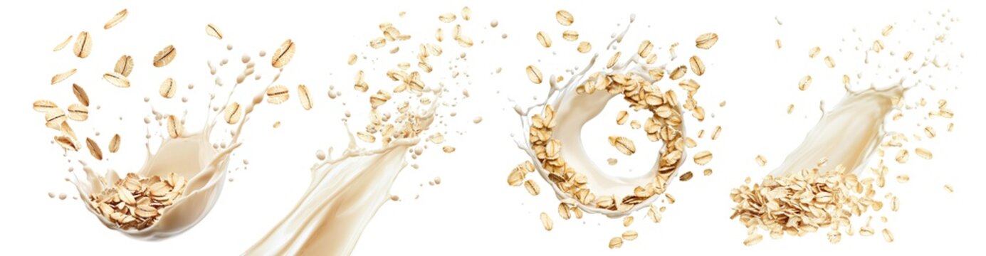Set of flying oats with milk splashes, isolated on transparent cutout background