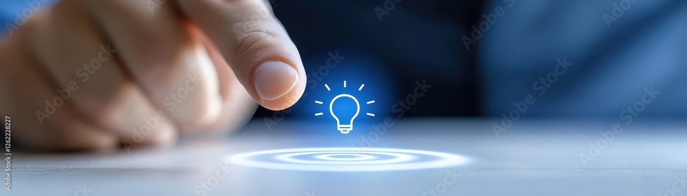 Poster illuminating innovation, person interacts with lightbulb on table, exploring concepts of creativity 