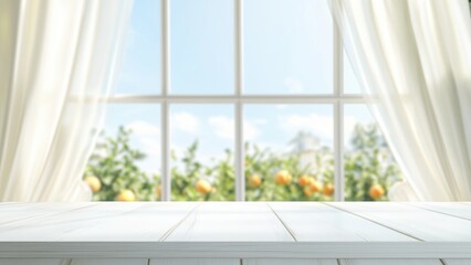Fototapeta premium Bright and airy interior with window overlooking citrus garden in background and fresh natural light filtering through sheer curtains. Scene for display fruit product design.