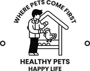 A man is feeding a chicken in a white house in the style of sign illustrations