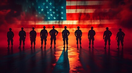 A bold composition of American service members standing strong, each representing a different branch, their forms blending into the fabric of a waving American flag,
