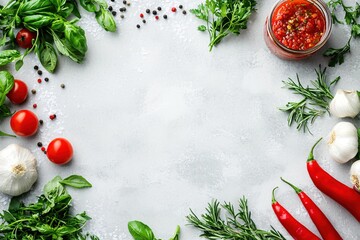 Fresh Culinary Herbs and Vegetables Arranged on a Light Gray Surface with Tomato Sauce