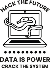 Hack the future is a concept that is being promoted by a laptop in the style of sign illustrations