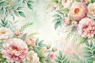 Elegant Watercolor Floral Design Delicate Roses and Lush Greenery Frame a Soft, Romantic Background Perfect for Invitations, Greeting Cards, or Home Decor