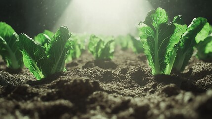 Lettuce sprouts grow under spotlight, soil, dust