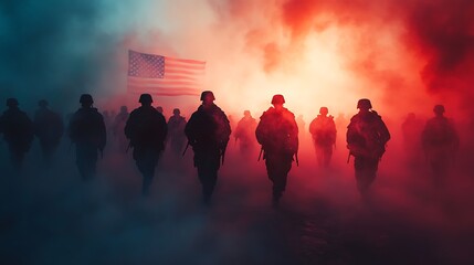 Fototapeta premium A breathtaking visual tribute, soldiers marching through mist with the American flag appearing in the background, their figures dissolving into a glowing red, white, and blue haze,
