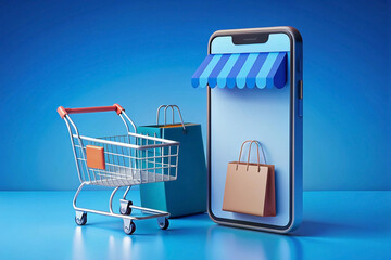 Mobile shopping cart, bags, online store, blue background, e-commerce