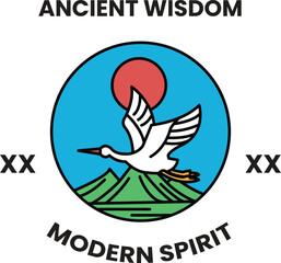 A bird is flying in the sky above a mountain in the style of sign illustrations