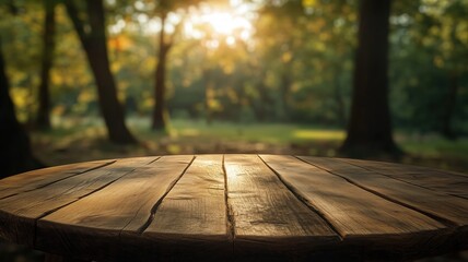 Rustic Wooden Table Surrounded by Lush Green Forest with Soft Sunlight Filtering Through Trees Creating a Serene and Peaceful Atmosphere