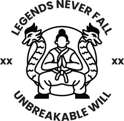 A man in a karate uniform is shown with two red dragons in the style of sign illustrations