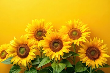 Fototapeta premium Vibrant Yellow Sunflowers Arranged Against a Sunny Yellow Background, a Symbol of Summertime Joy and Happiness