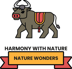A cow with a saddle on its back in the style of sign illustrations