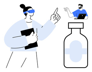 Person using VR headset pointing forward, holding a tablet while receiving instructions from a remote expert on a laptop. Injector bottle nearby. Ideal for medical education, telemedicine, remote