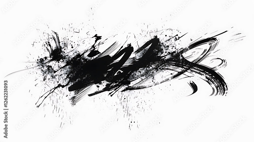 Poster abstract painting with dynamic black strokes and splatters on white background for conveying visual 