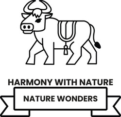 A cow with a saddle on its back in the style of sign illustrations