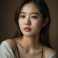 Fototapeta premium Close-up dramatic portrait of a shy beautiful young asian korean model woman with film look, cinematic style, dramatic contrast, moody atmosphere, intricate details, deep shadows. 