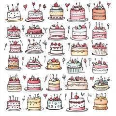 Hand drawn watercolor cake doodles perfect for bakery menus websites and blogs