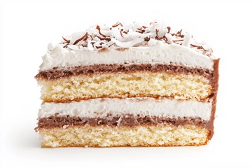 Delicious Coconut Cake Slice with Creamy Frosting and Chocolate Filling on White Background