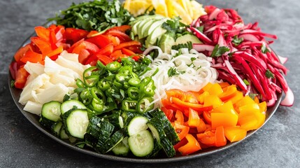 Vibrant assortment of fresh colorful vegetables and rice noodles arranged on a dark plate