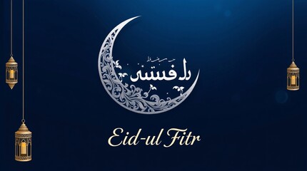 Silhouetted Eid-ul-Fitr Greeting with Crescent Moon and Lanterns