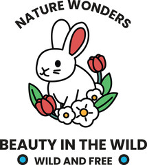 A rabbit is surrounded by flowers in the style of sign illustrations