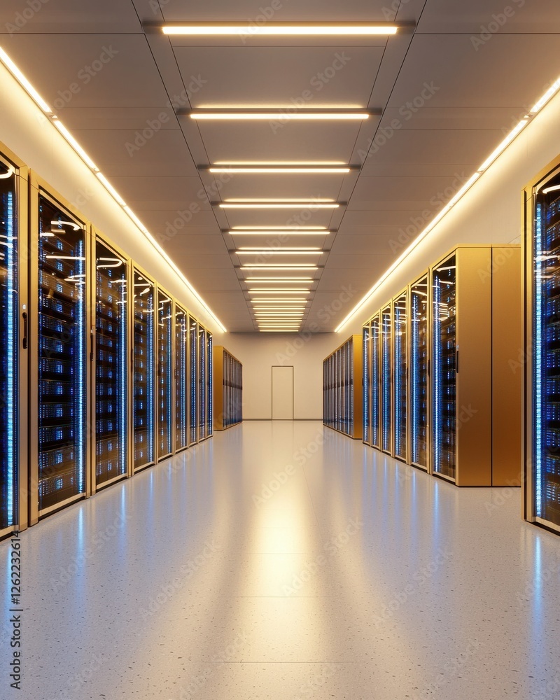 Poster a modern data center corridor featuring illuminated server racks along the walls, creating a sleek, 