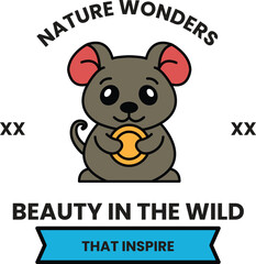 A cute cartoon mouse holding a coin in its mouth in the style of sign illustrations