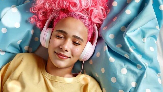Girl with pink hair is wearing headphones and smiling. She is laying on a bed with a blue and white polka dot comforter