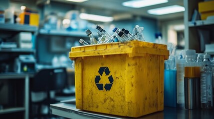 A biohazard waste container filled with used medical equipment is positioned in a laboratory. The setting is active with various lab tools and materials visible in the background