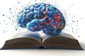 Colorful brain emerging from an open book surrounded by glowing particles, symbolizing creativity, knowledge, and the power of the human mind, rendered in high detail