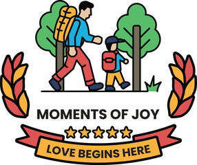 A man and a child are walking in a forest in the style of sign illustrations