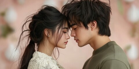 Naklejka premium A Japanese couple shares a romantic forehead touch inside the studio, their expressions full of warmth, set against a pastel pink background .