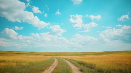 Fototapeta premium A train crossing the Great Plains of the USA, expansive fields stretching to the horizon under a big blue sky,