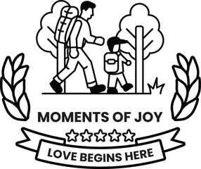 A man and a child are walking in a forest in the style of sign illustrations