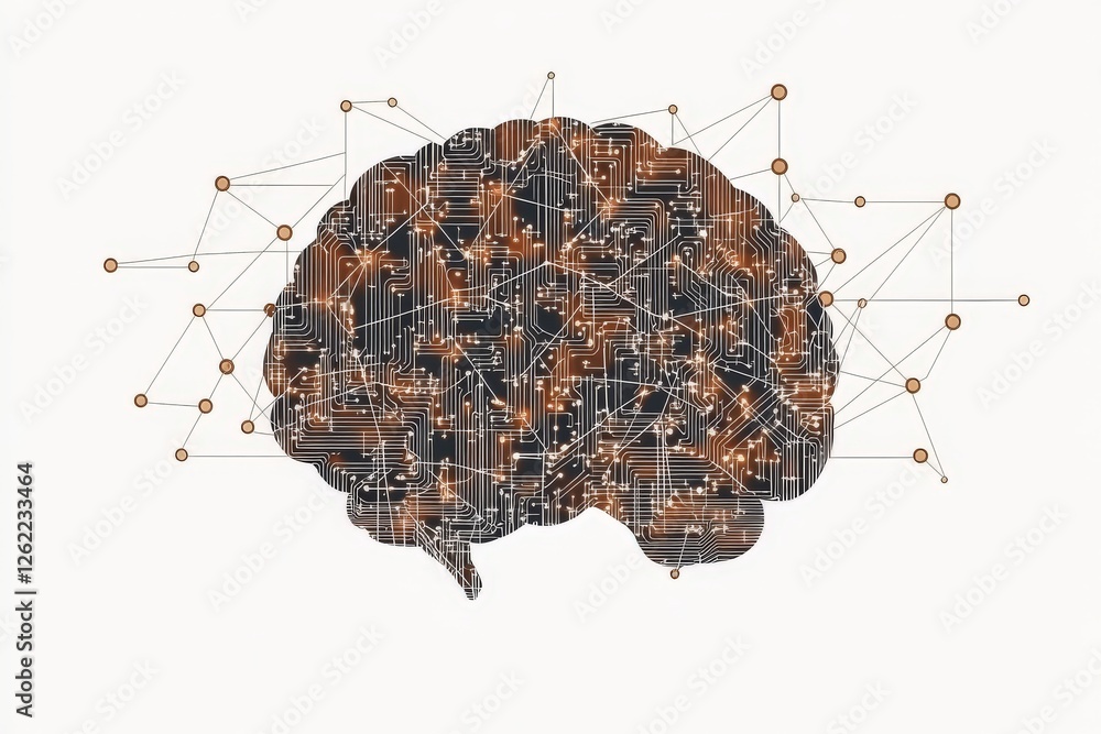 Poster abstract representation of a brain formed by interconnected circuits and nodes, symbolizing artifici