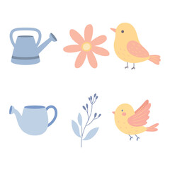 Colorful Pastel Elements Set of Bird with Flower Floral and Watering Plant in the Park
