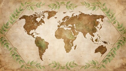 Naklejka premium Antique World Map with Ornate Green Leaf Border, an Evocative Image of Global Exploration and Discovery