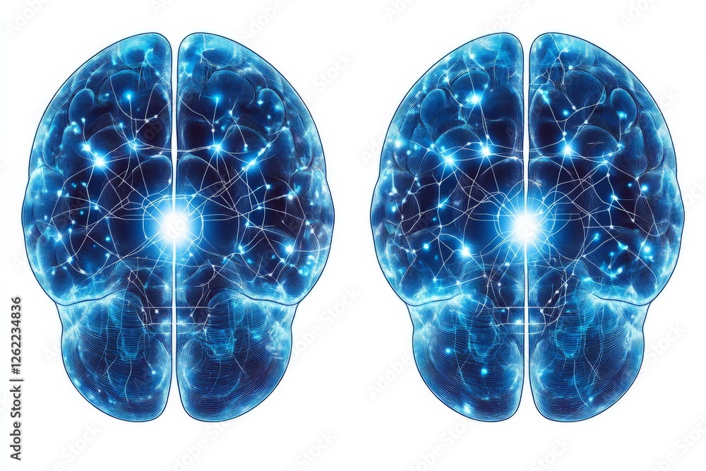 Aufkleber blue and glowing pair of brains interconnected with vibrant neural networks, symbolizing scientific 