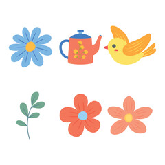 Obraz premium Elements Collection of Colorful Flower Floral Decoration with Bird and Watering Plant in the Park