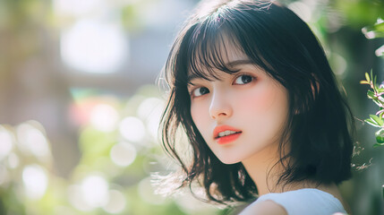 Naklejka premium young woman with short black hair and soft features gazes thoughtfully at camera, surrounded by lush greenery and soft sunlight, creating serene and dreamy atmosphere