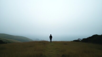 Man standing on grassy hilltop, foggy landscape, contemplation, travel imagery