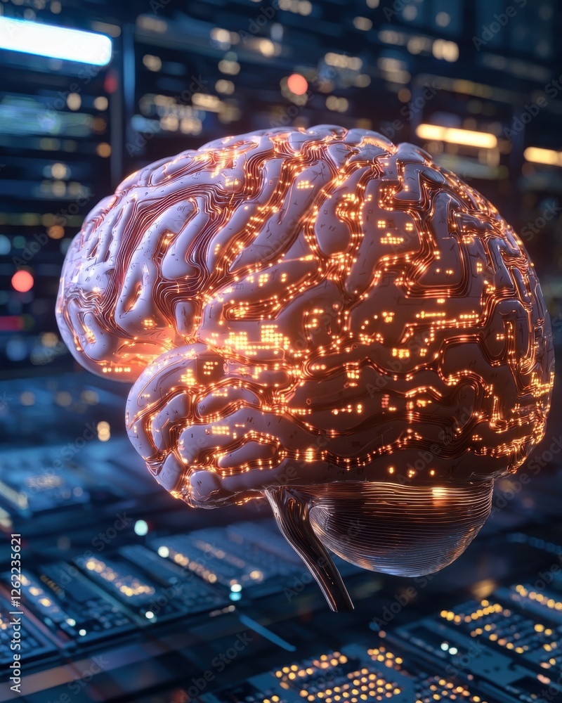Poster a glowing brain composed of circuitry, set against a backdrop of digital servers, symbolizing the fu