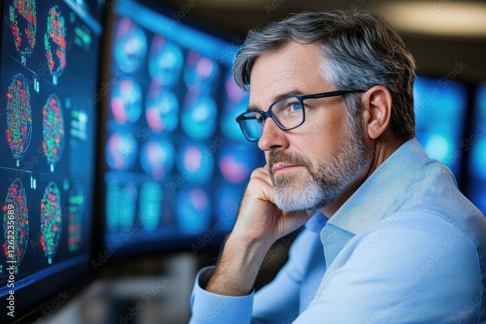 Poster bearded man analyzing data on high-tech monitors