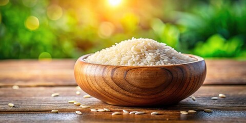Miniature Japan Rice Drying in Wooden Bowl, Tilt-Shift Photography, White Background Stock Photo