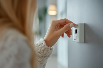 Woman putting on or removing electric plug cable in socket, closeup. Electrical equipment wires and power strips on the wall, Generative AI