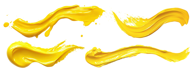 Set of yellow paint strokes, isolated on transparent cutout background
