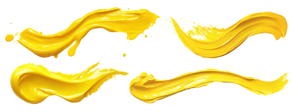 Set of yellow paint strokes, isolated on transparent cutout background